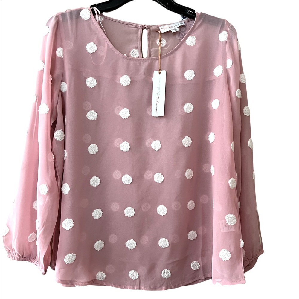 Yuni Yuni Los Angeles Sheer Dust Pink Textured Clip Polka Dot Blouse NWT Medium